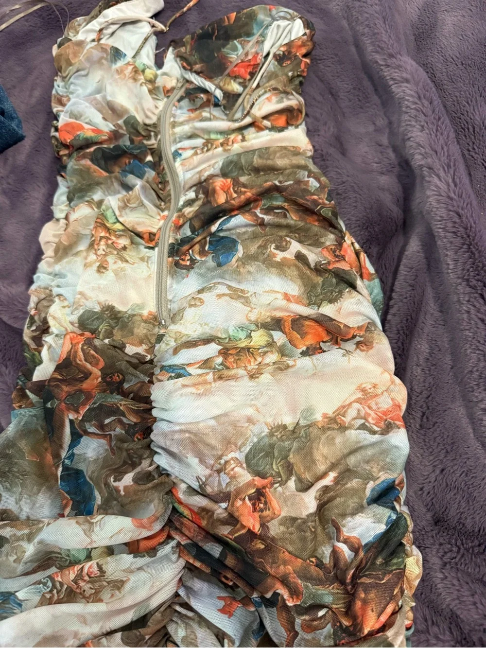 Dolls Kill Green White Rust Floral Ruched Mini Dress - Picture 2 of 4